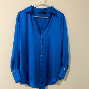 Blue Satin Button Down Top Size S